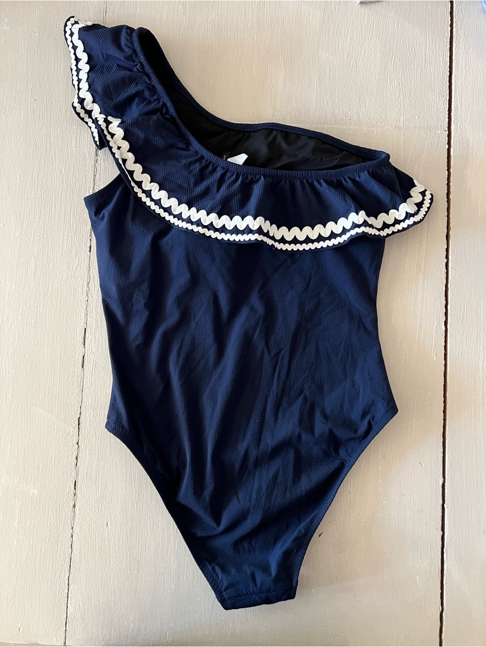 NWT J.Crew One-Shoulder Ruffle One-Piece Swimsuit Navy Rickrack Trim Size 4